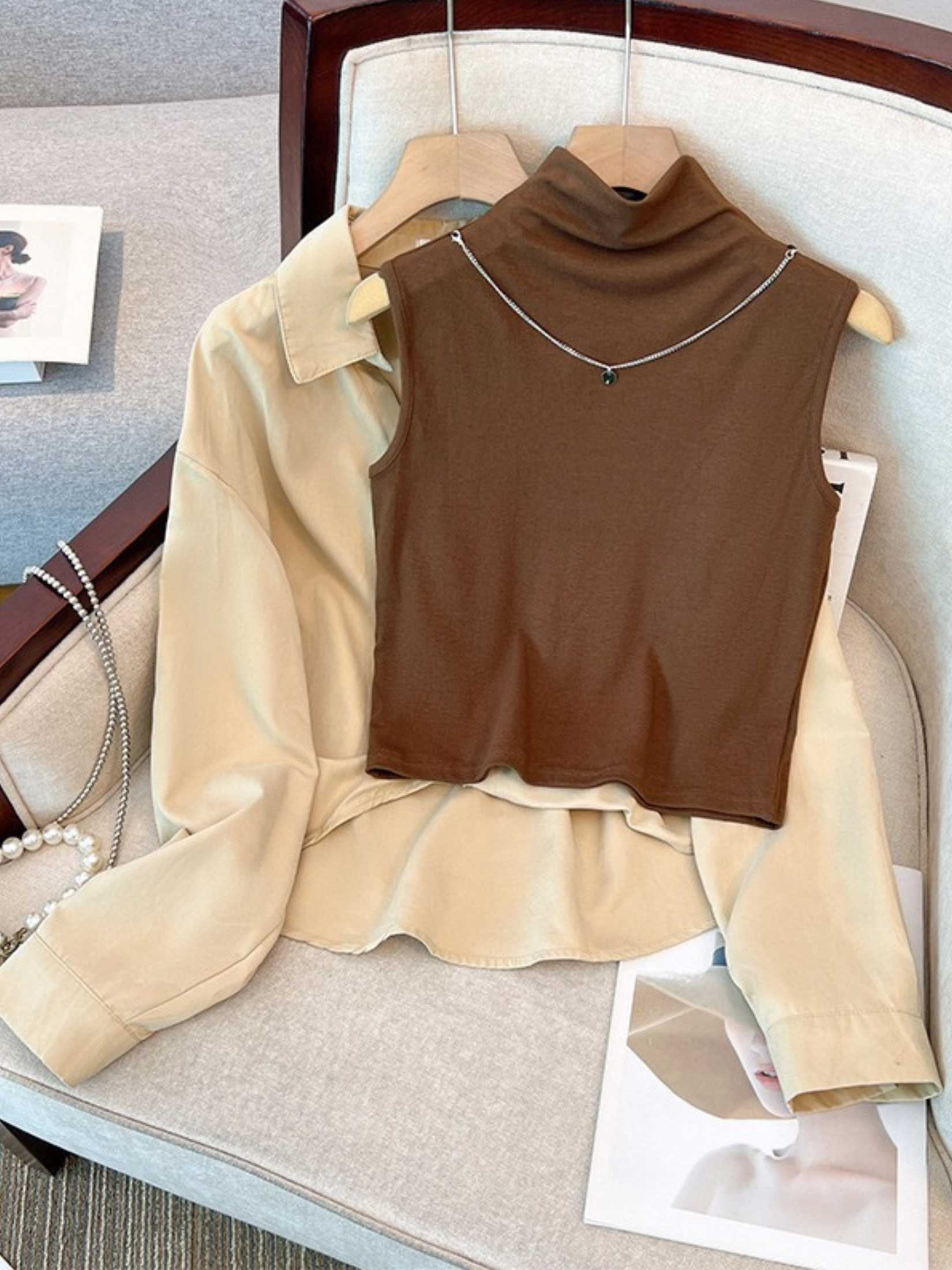 CORDUROY SHIRT WITH MOCK KNIT TOP AND CHAIN ACCESSORY