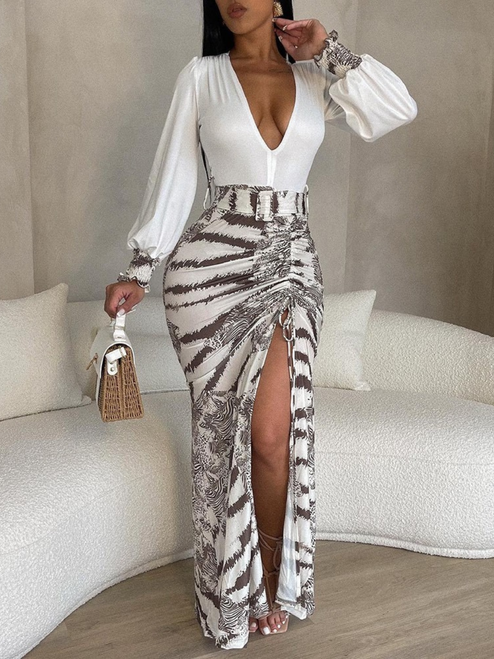 V-NECK LONG SLEEVE ELEGANT DRESS WOMAN PRINTED DRESSES AND SKIRTS