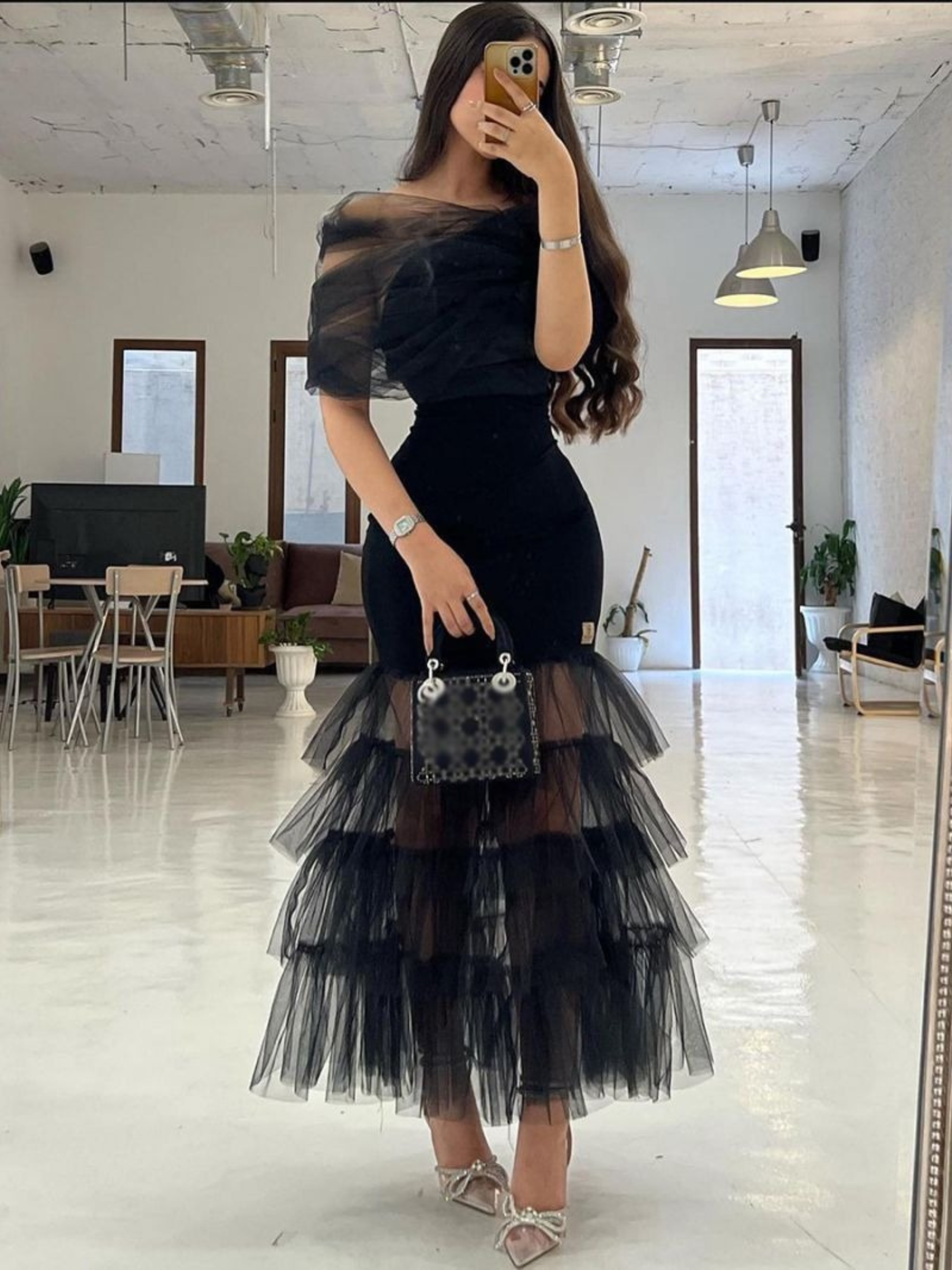 BLACK  LAYERED RUFFLE OFF SHOULDER LONG PARTY DRESS