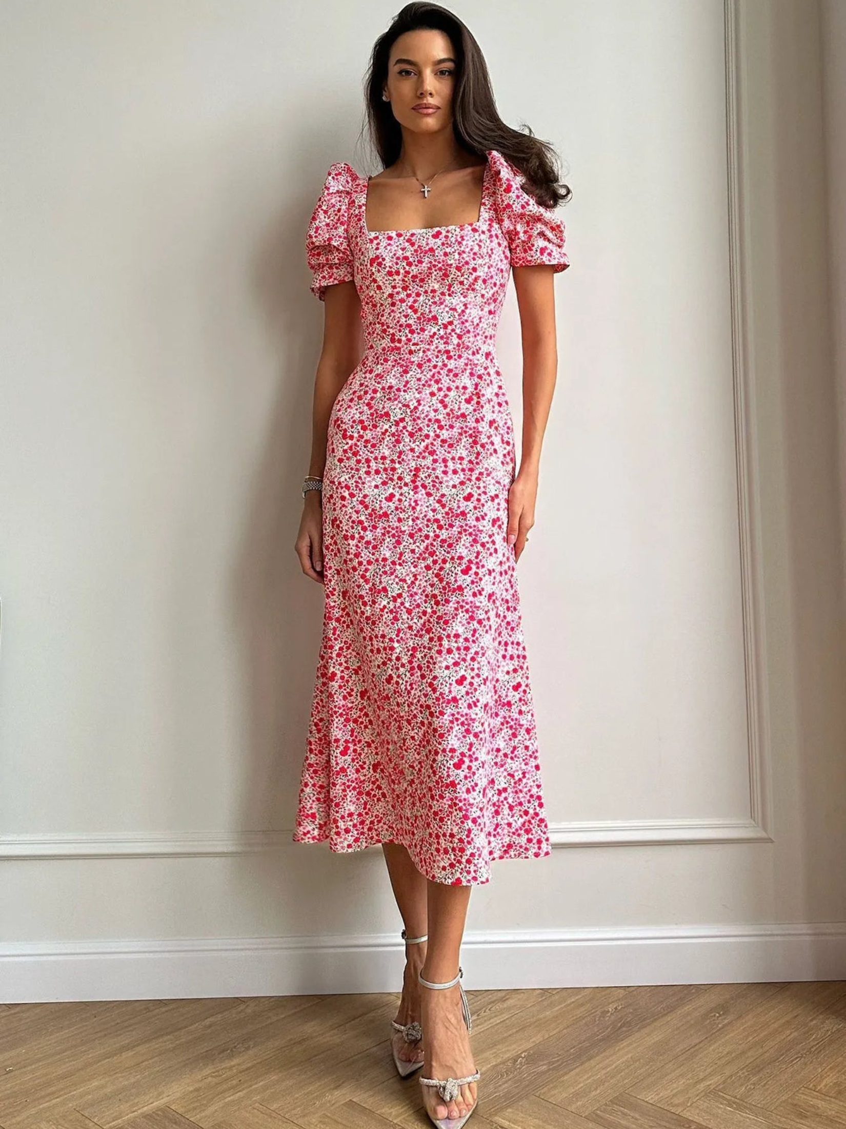 SQUARE NECK FLORAL MIDI DRESS