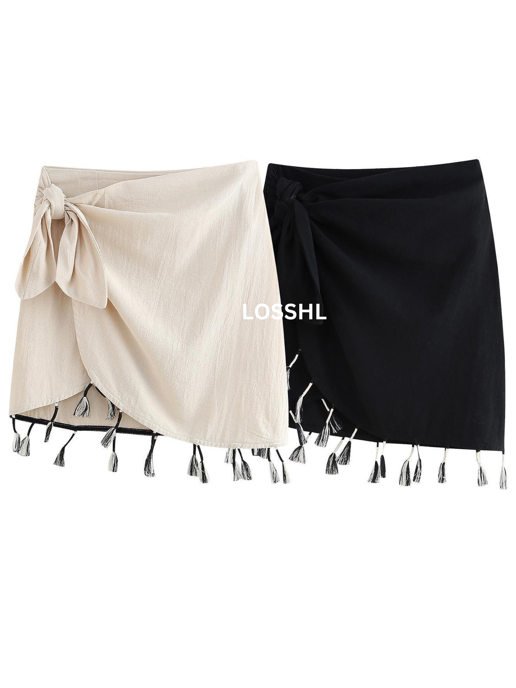 ASYMMETRIC FRINGED SIDE KNOT MINI SKIRT