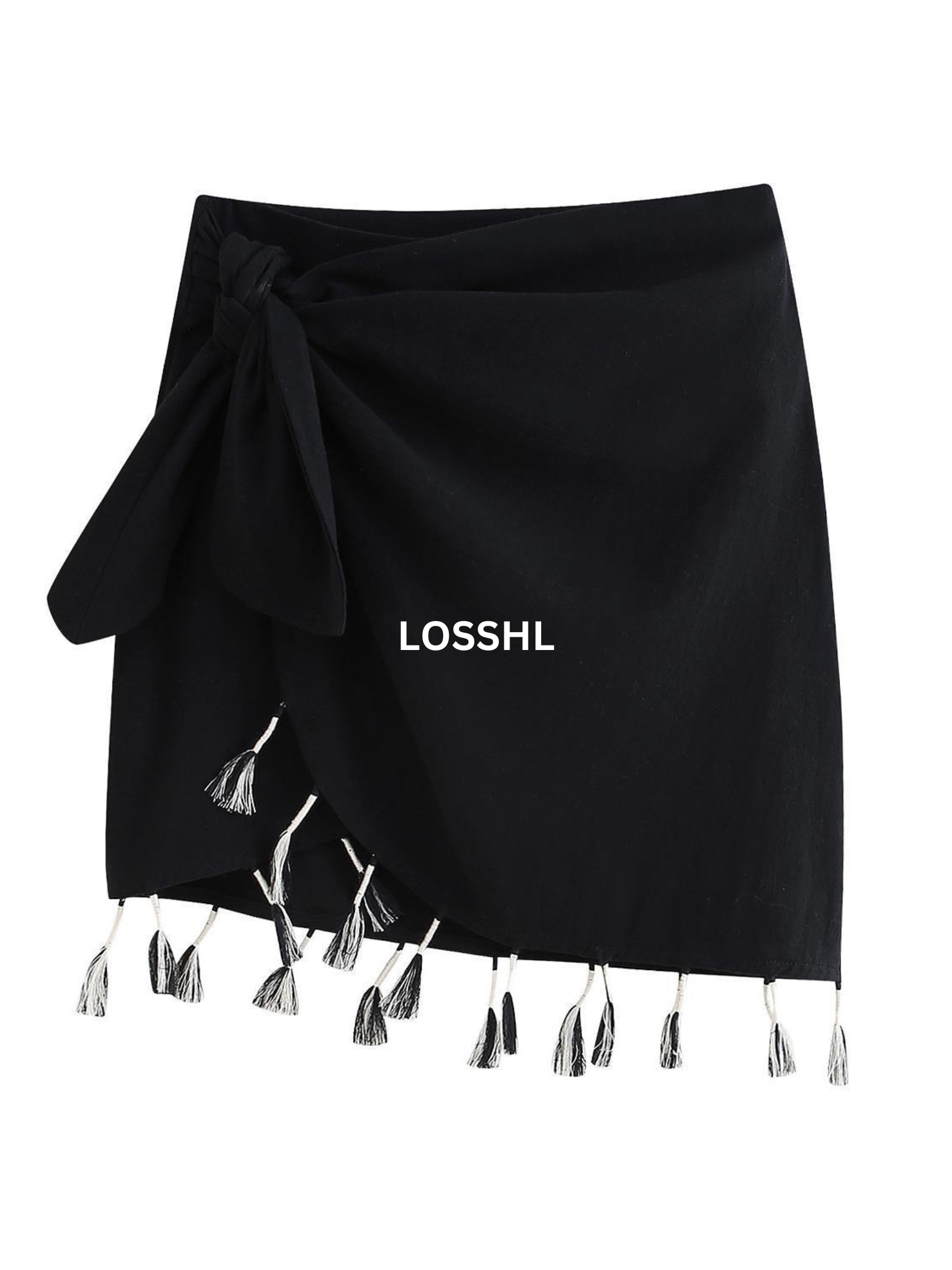 ASYMMETRIC FRINGED SIDE KNOT MINI SKIRT