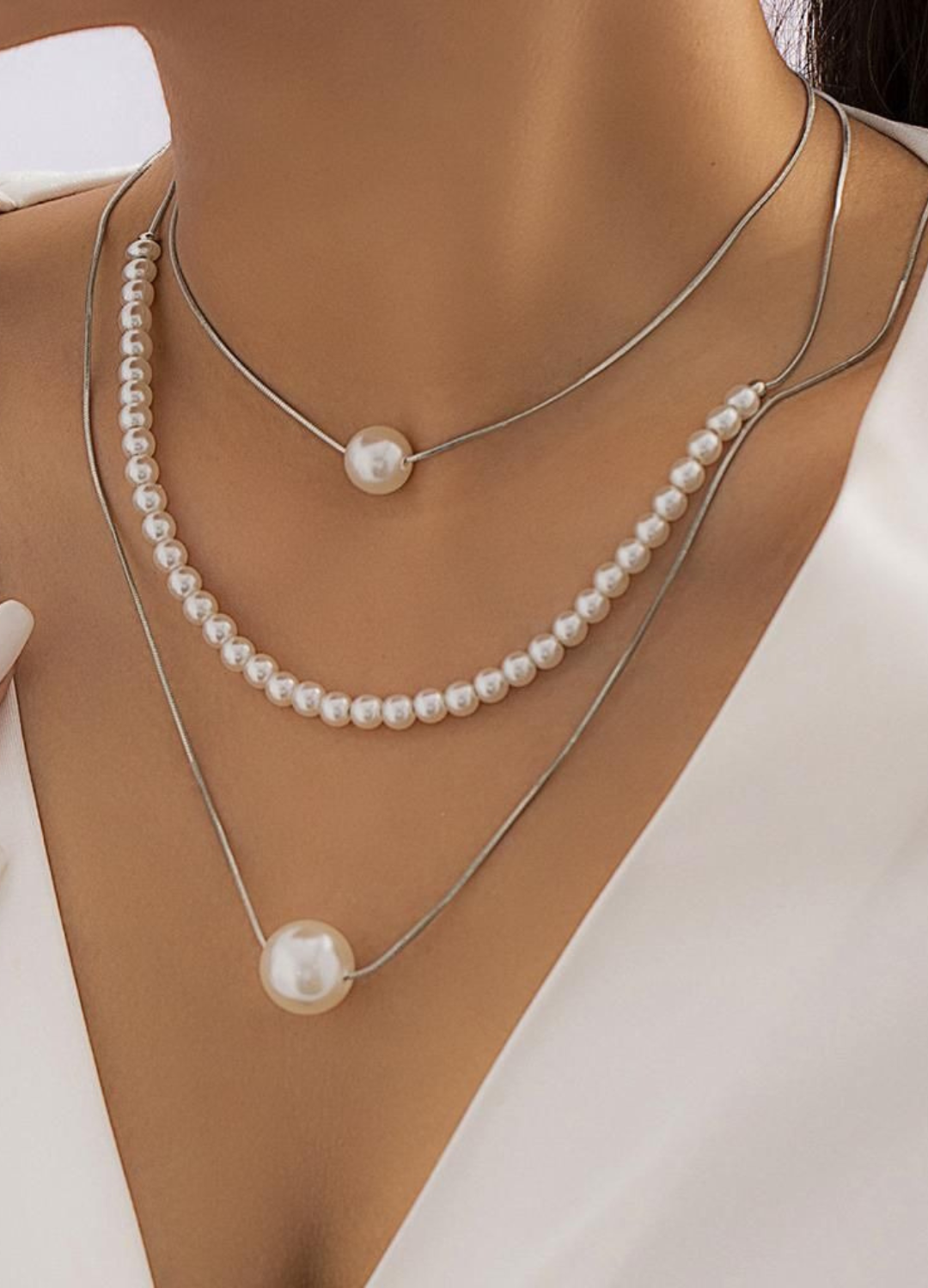 3Pcs WEDDING MULTI-LAYERED FAUX PEARL DETAIL NECKLACE-SILVER