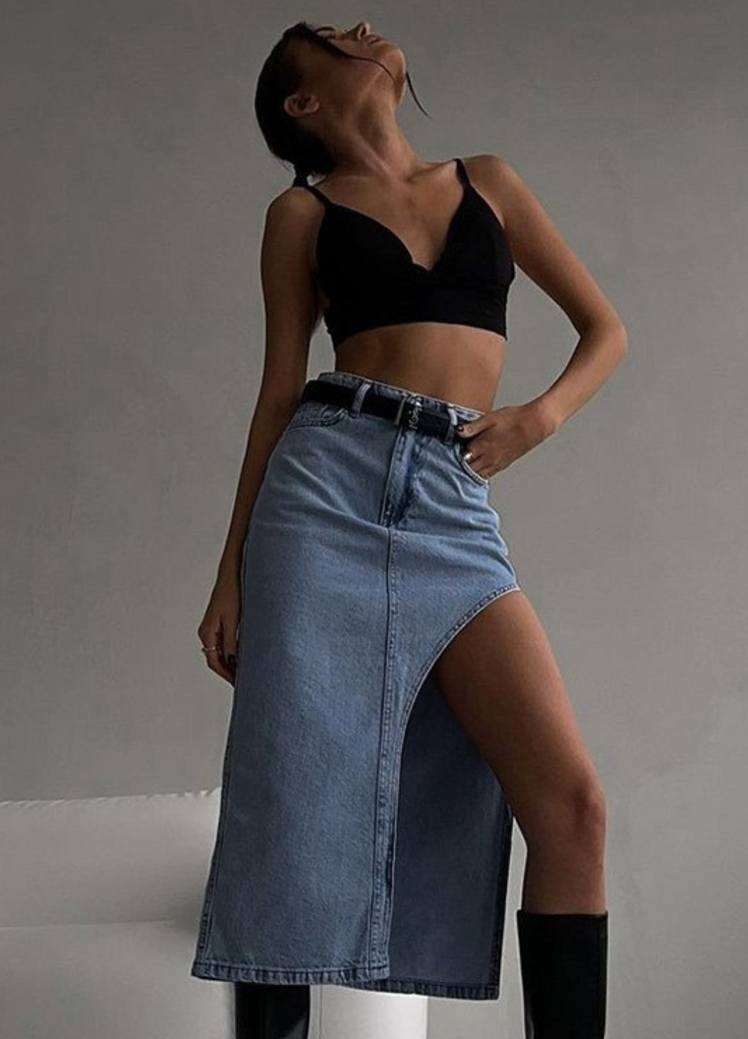 High-Waisted Denim Skirt with Middle Split